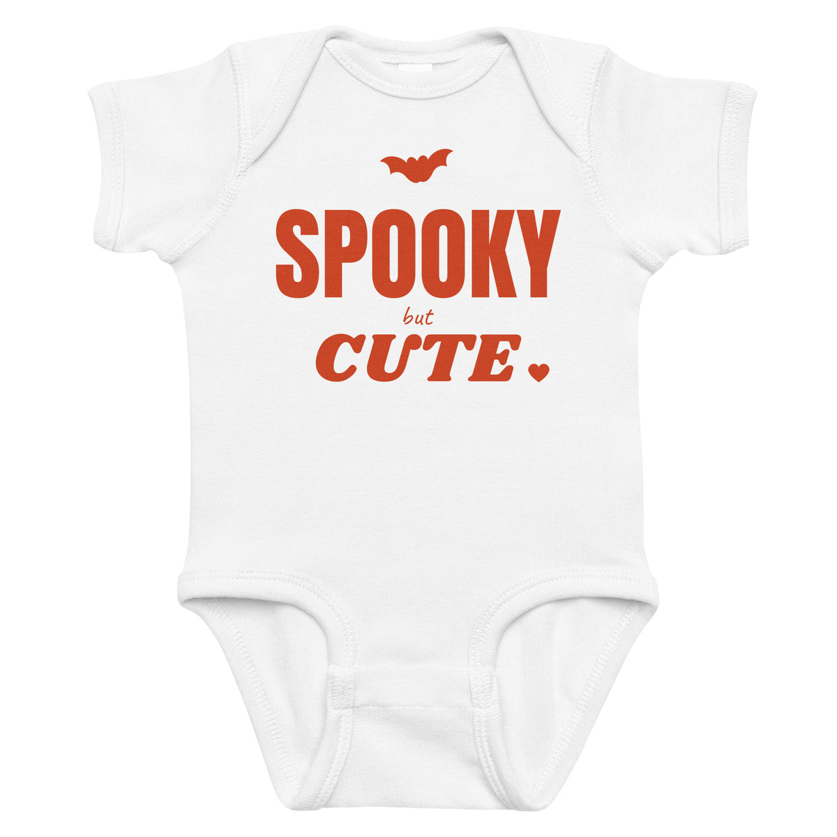 White baby bodysuit with Spooky But Cute printed in red on the front