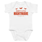 White baby bodysuit with Daddy's Little Nightmare printed in red on the front