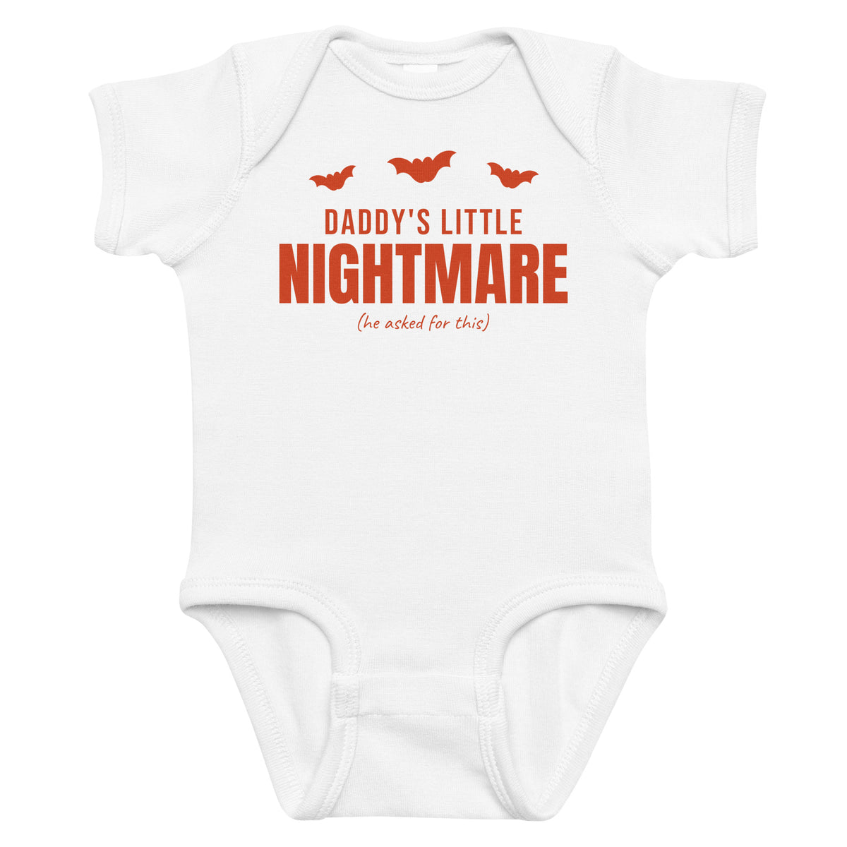 White baby bodysuit with Daddy's Little Nightmare printed in red on the front
