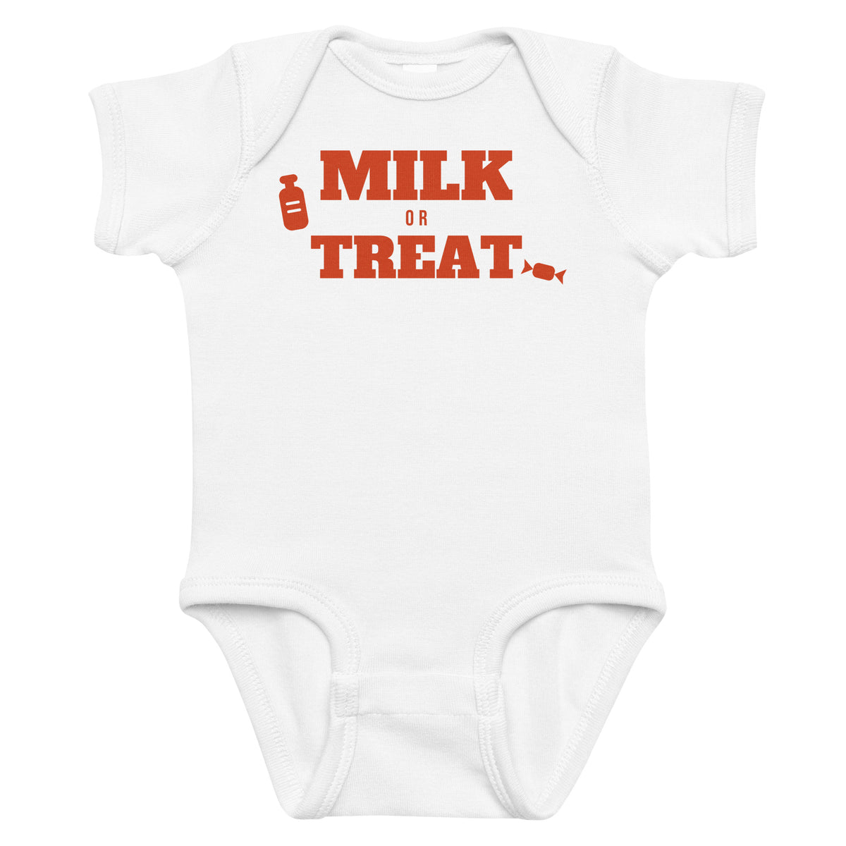White baby bodysuit with Milk Or Treat printed in red on the front