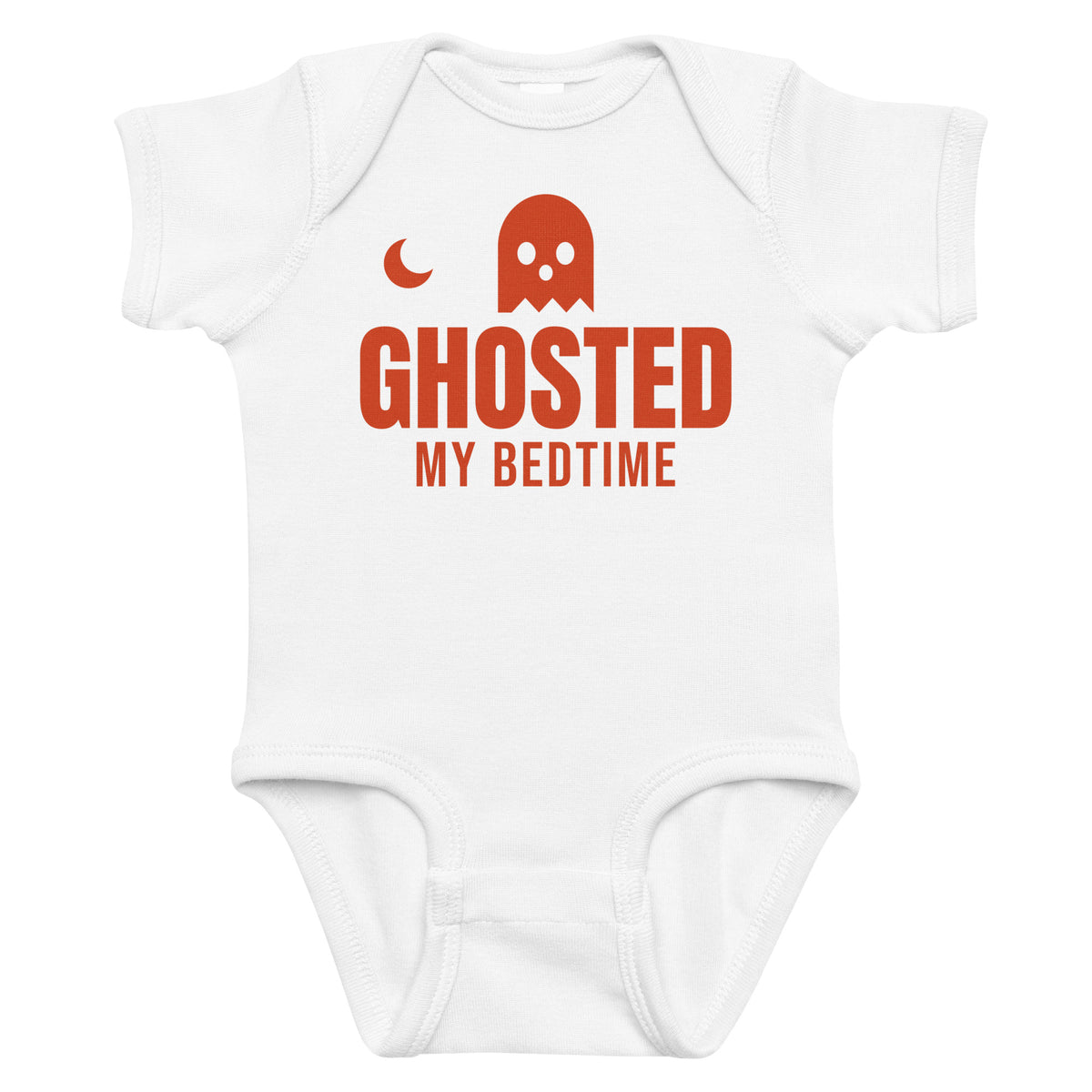 White baby bodysuit with Ghosted My Bedtime printed in red on the front