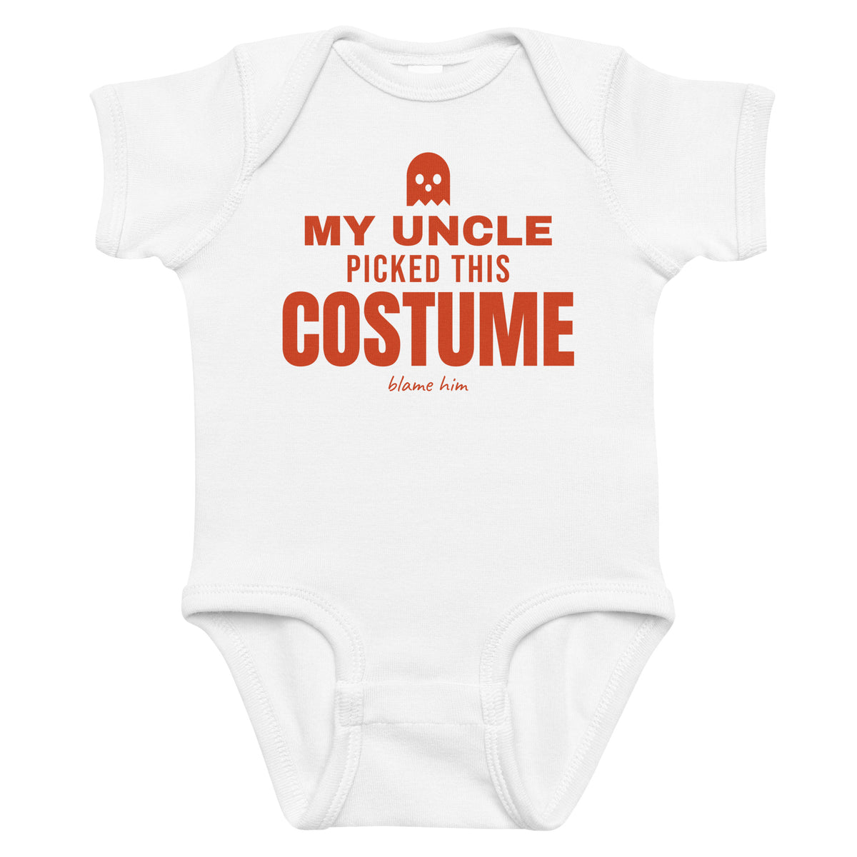White baby bodysuit with My Uncle Picked This Costume printed in red on the front