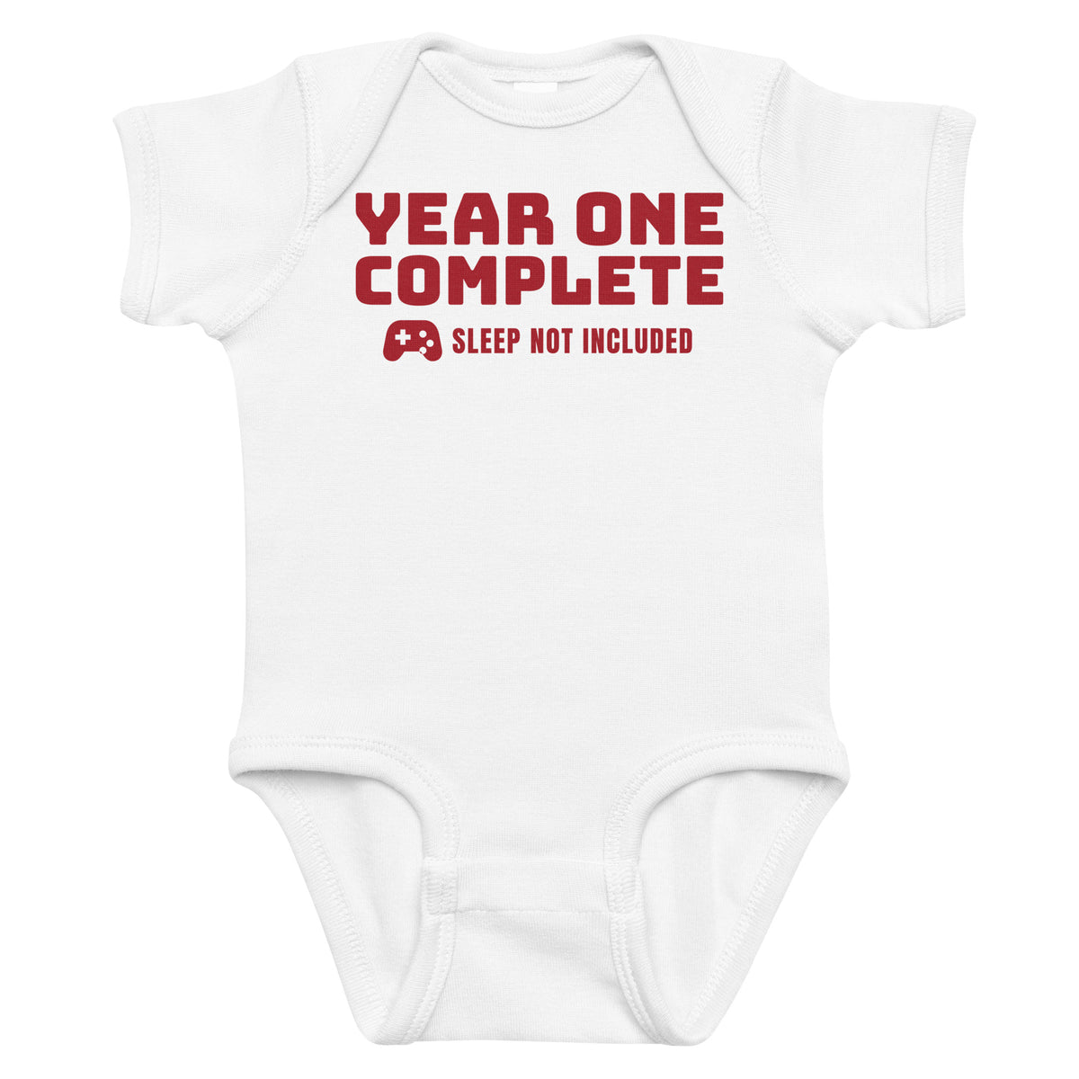 White baby bodysuit with Year One Complete printed in red on the front