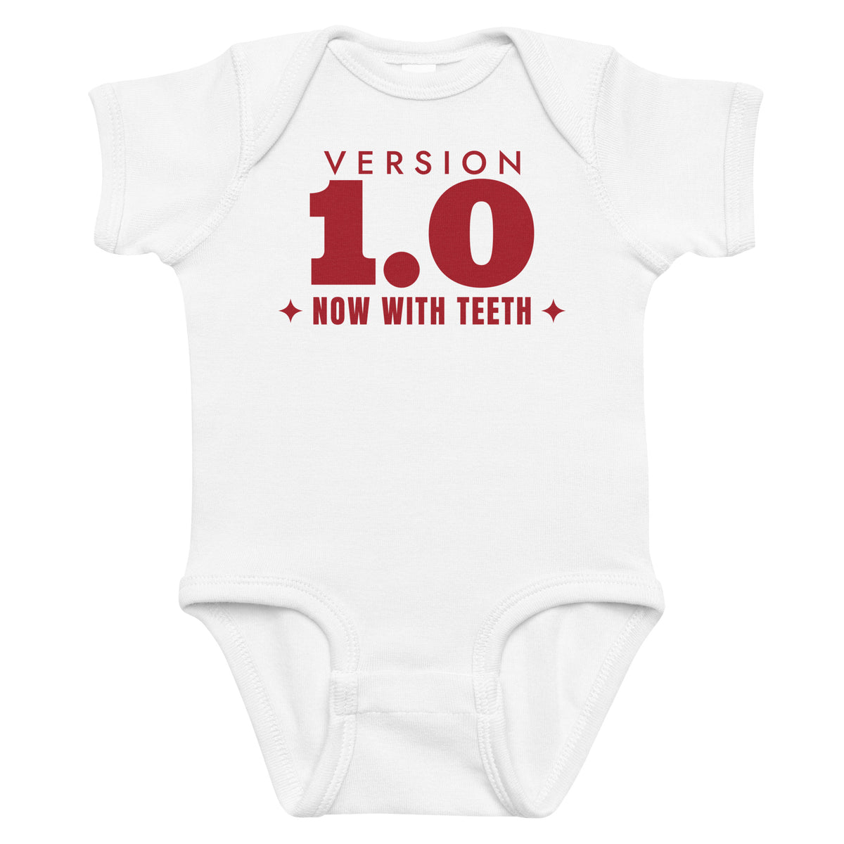 White baby bodysuit with Version 1.0 Now With Teeth printed in red on the front