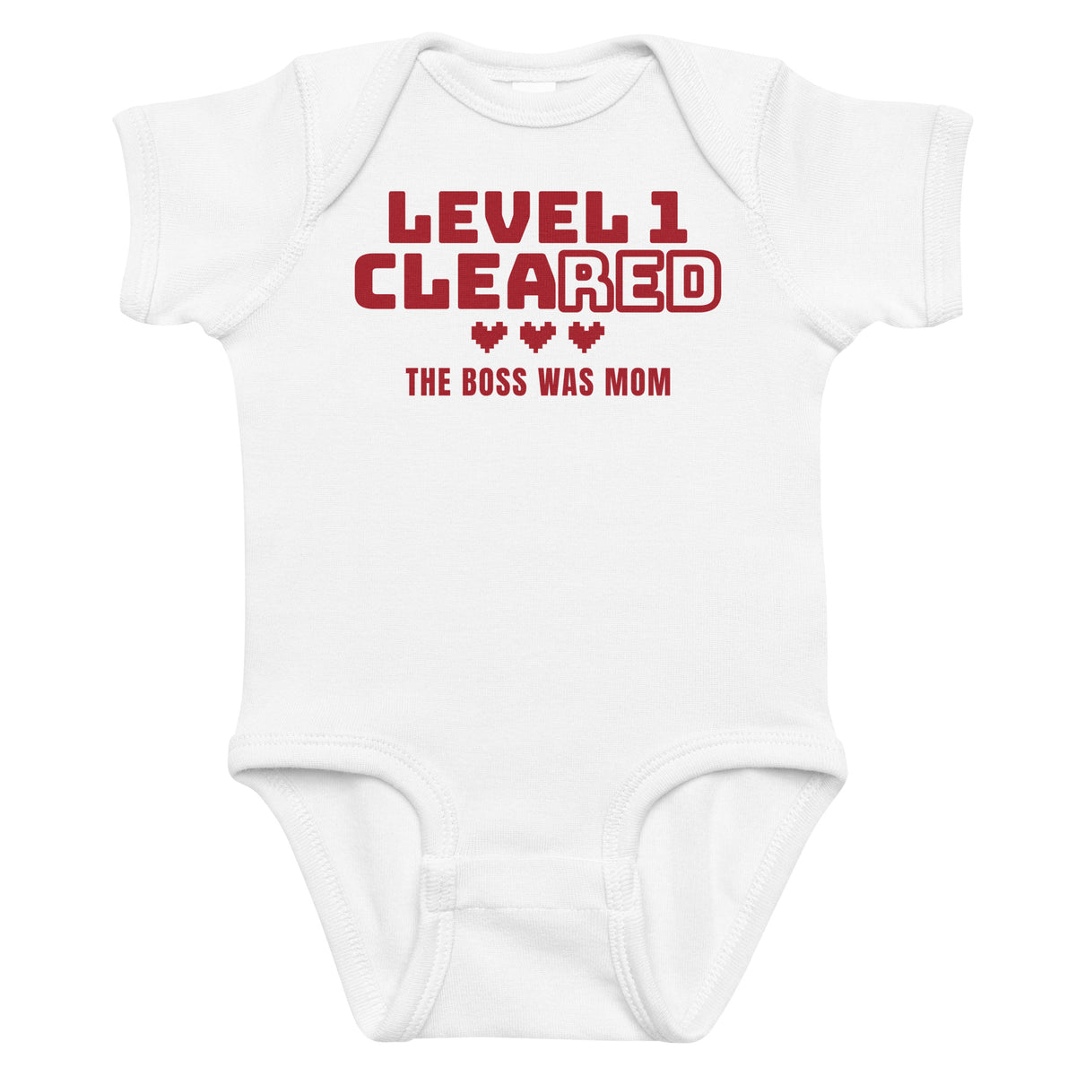 White baby bodysuit with Level 1 Cleared printed in red on the front