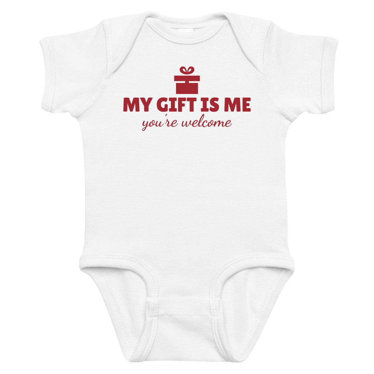 White baby bodysuit with My Gift Is Me printed in red on the front