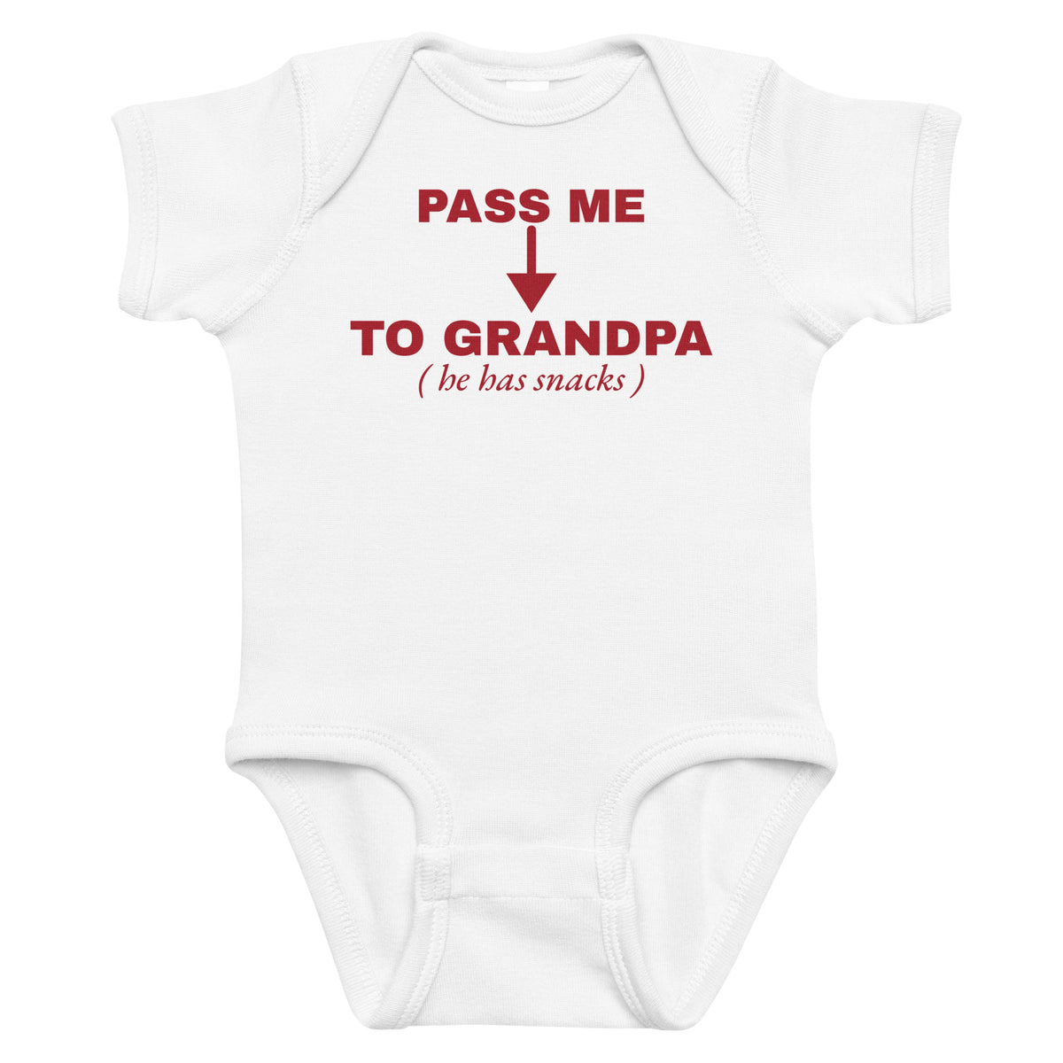 White baby bodysuit with Pass Me To Grandpa printed in red on the front