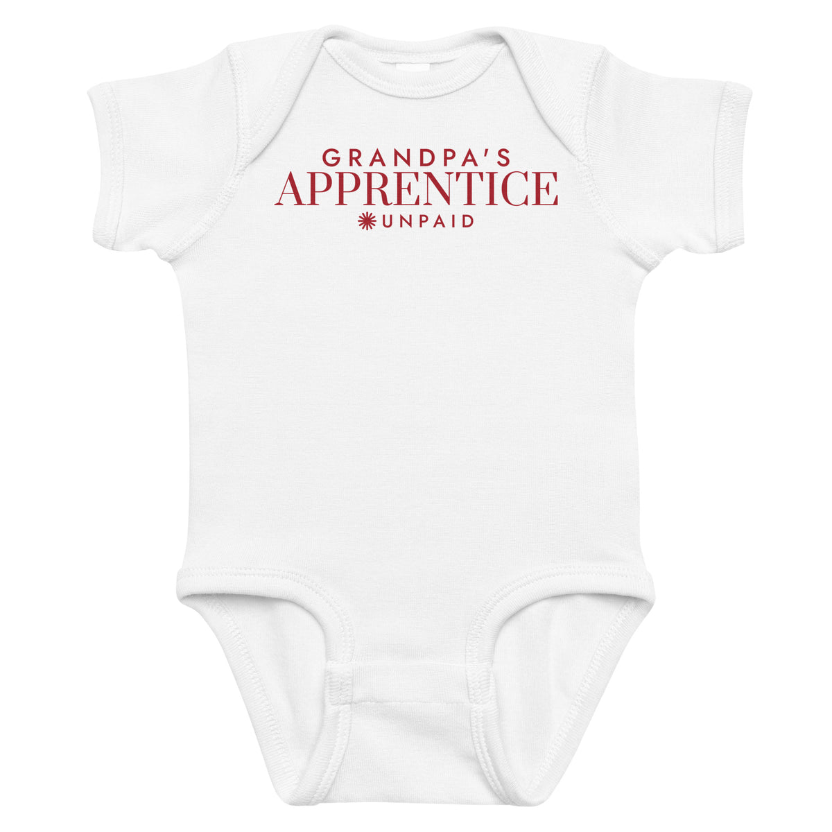 White baby bodysuit with Grandpa's Apprentice. Unpaid. printed in red on the front