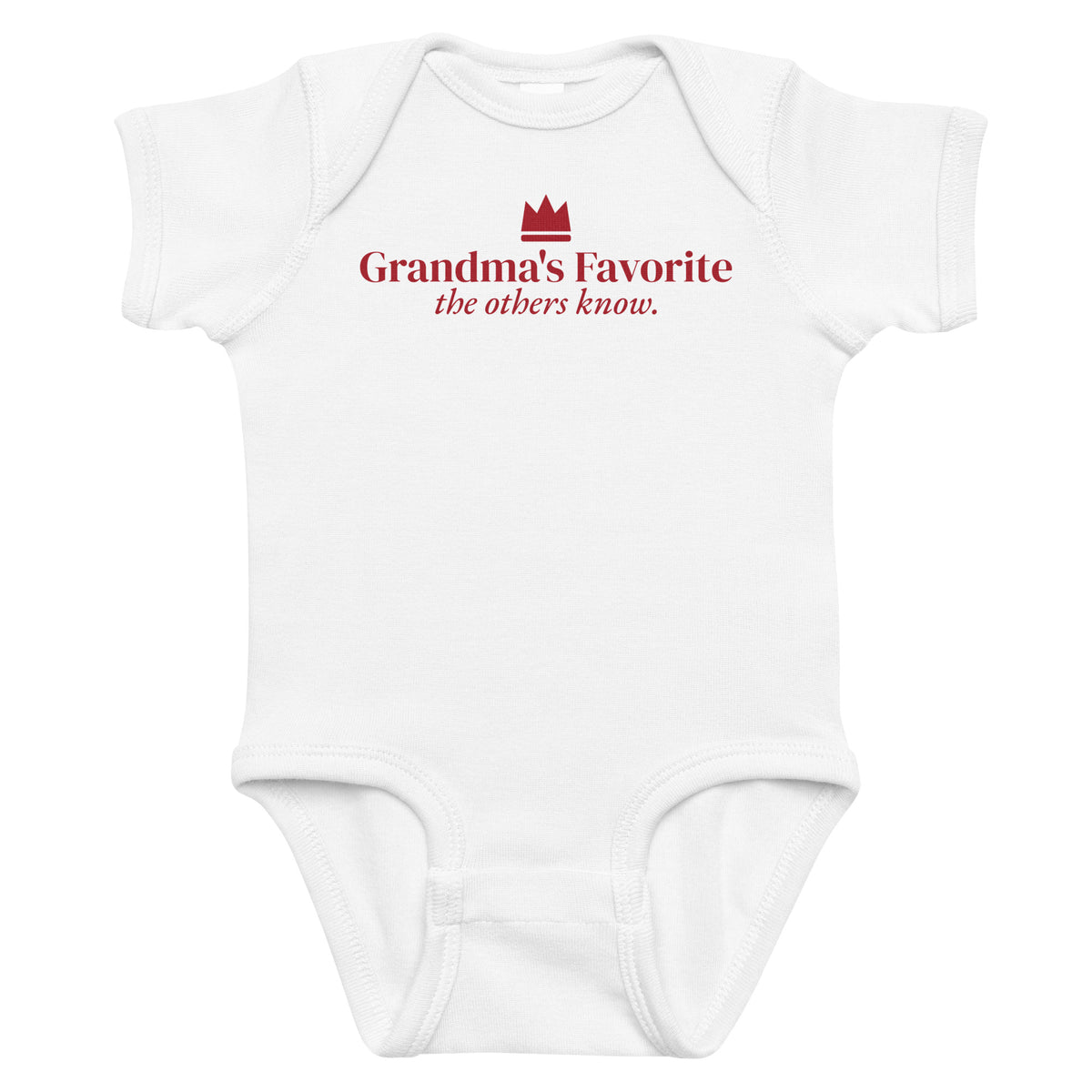 White baby bodysuit with Grandma's Favorite printed in red on the front