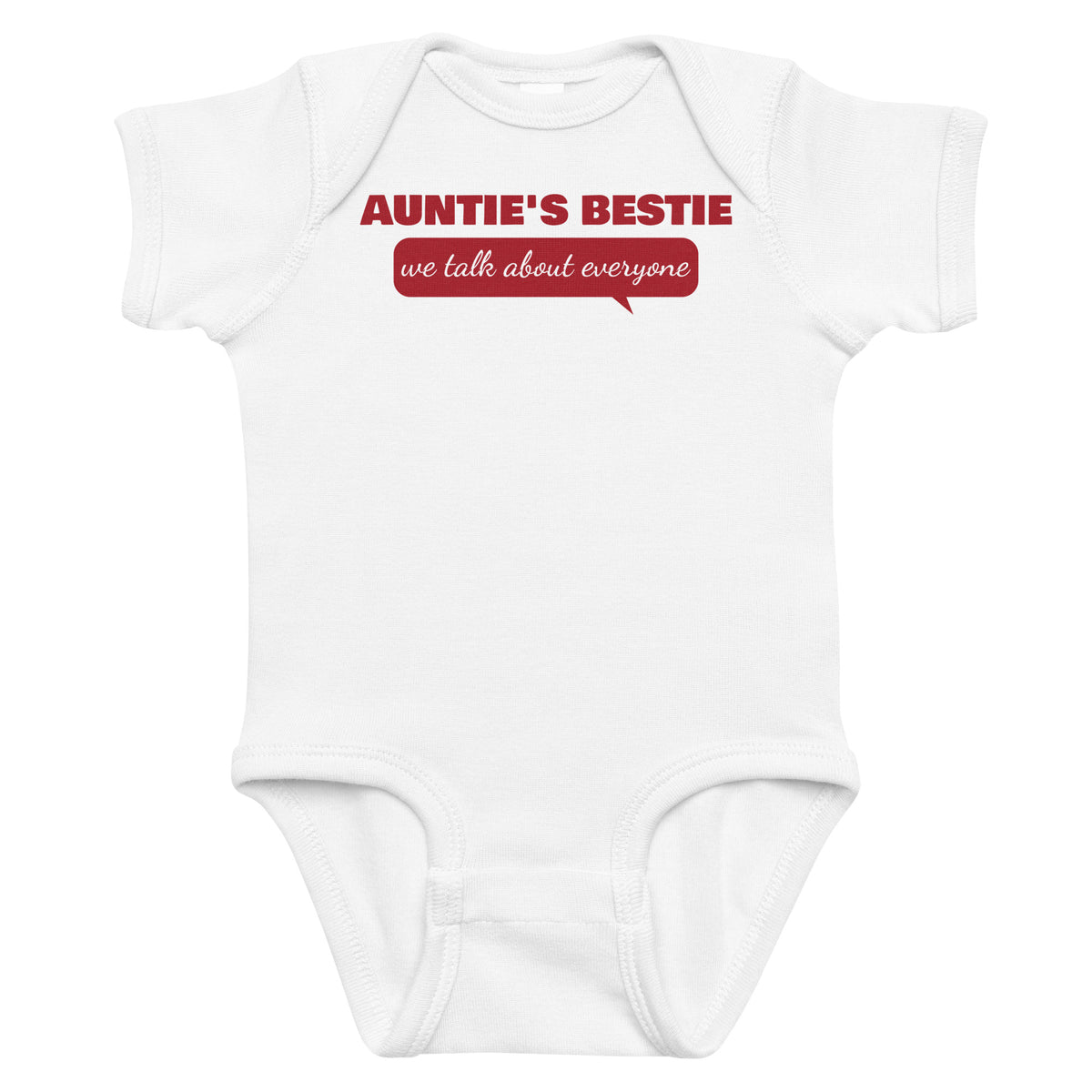 White baby bodysuit with Auntie's Bestie printed in red on the front