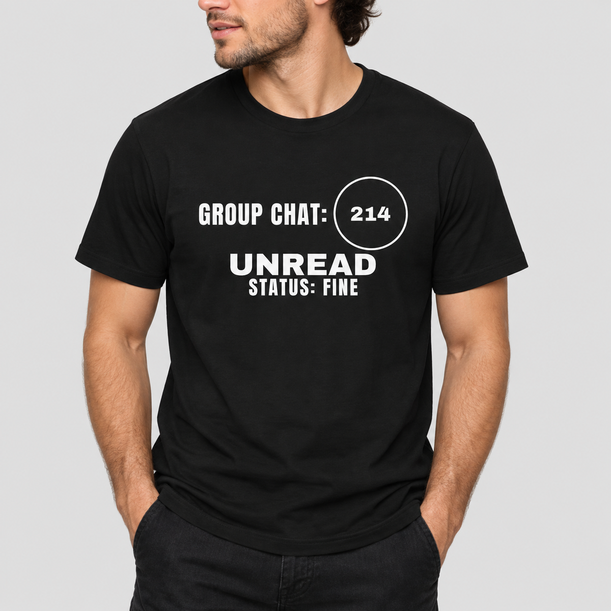 Group Chat: 214 Unread. Status: Fine. Tee for Men