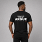 Man from behind wearing a black t shirt with IDK How To Flirt But We Can Argue printed on the back