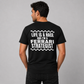 Man from behind wearing a black t shirt with Life Is A Race And I'm A Strategist printed on the back