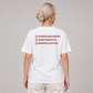 Woman from behind wearing a white t shirt with Overconfident Narcissistic Manipulative checklist printed on the back